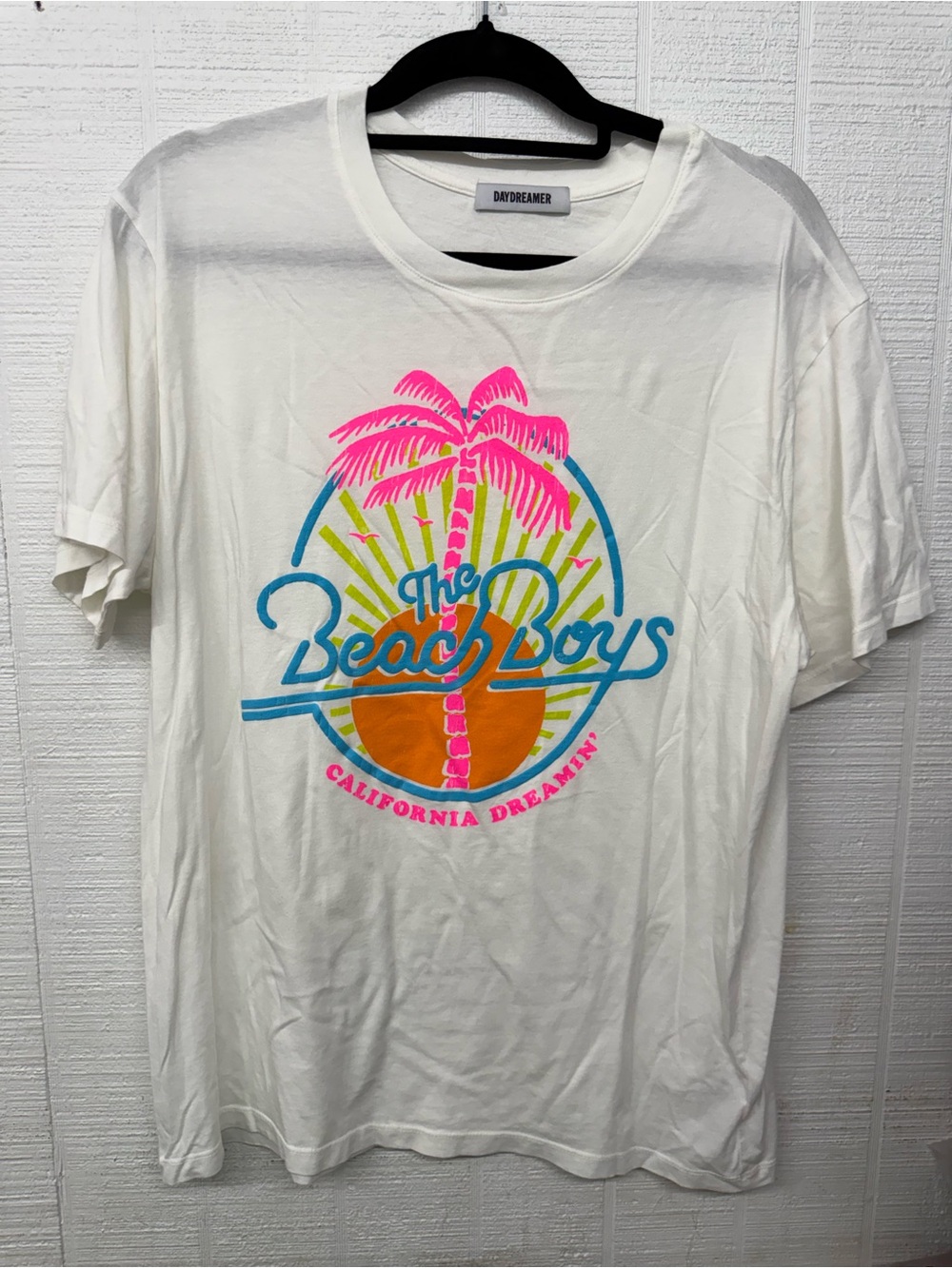 Free People White Graphic Tee with Neon Pink Palm & Blue Script
